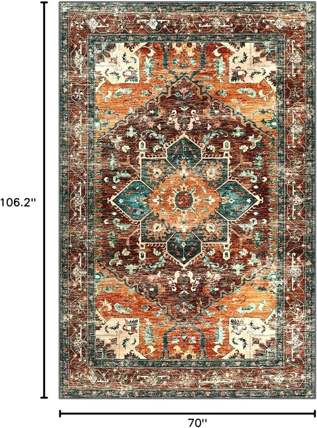 Yamaziot 6x9 Large Area Rug, Non-Slip Washable Boho Vintage Living Room Rug with Rubber Backing, Low Pile Faux Wool Soft Distressed Rug Floor Carpet for Dinning Room, Bedroom