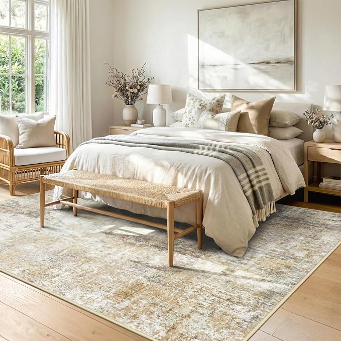 Washable Area Rugs 7'x9' Non-Slip Modern Abstract Soft for Living Room Entryway Bedroom Nursery, Print Pattern, Neutral Brown Gray