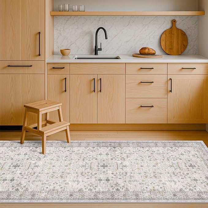 Light Grey 2x5 Boho Bathroom Runner Rug - Modern Eclectic Floral Pastel Neutral Taupe, Washable Low Pile Non-Slip Runner Rugs for Laundry Room, Kitchen, Door Mat Indoor Entrance, Bedroom Beside Bed