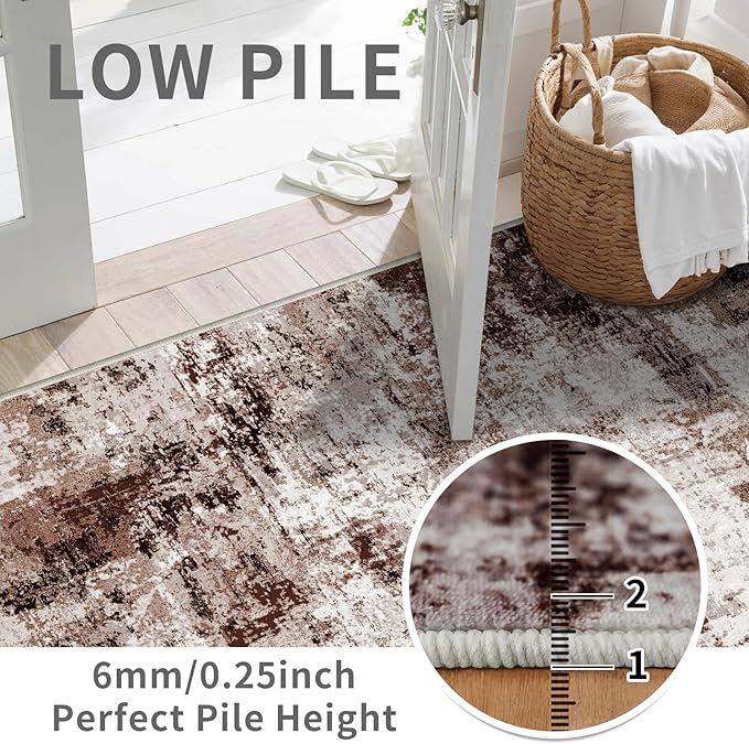 3x10 Washable Runner Rugs for Hallway: Easy-to-Clean Abstract Runners for Entryway Bedroom - Stain and Water Resistant Rugs with Non-Slip Backing - Soft Low-Pile Carpet Brown Khaki White