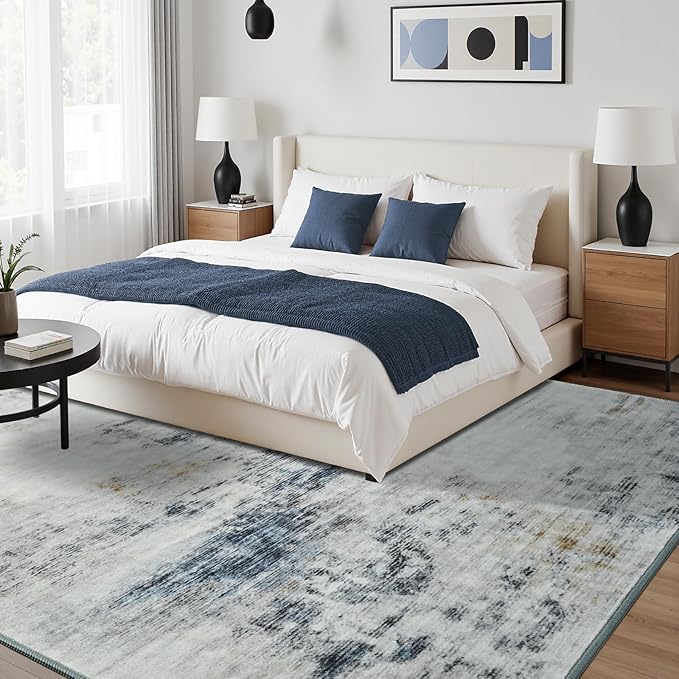 Toneed Abstract Area Rug Modern Washable Rug Soft Non Slip Rug Low Pile for Bedroom Living Room Dining Room Blue/White 4x6 Feet