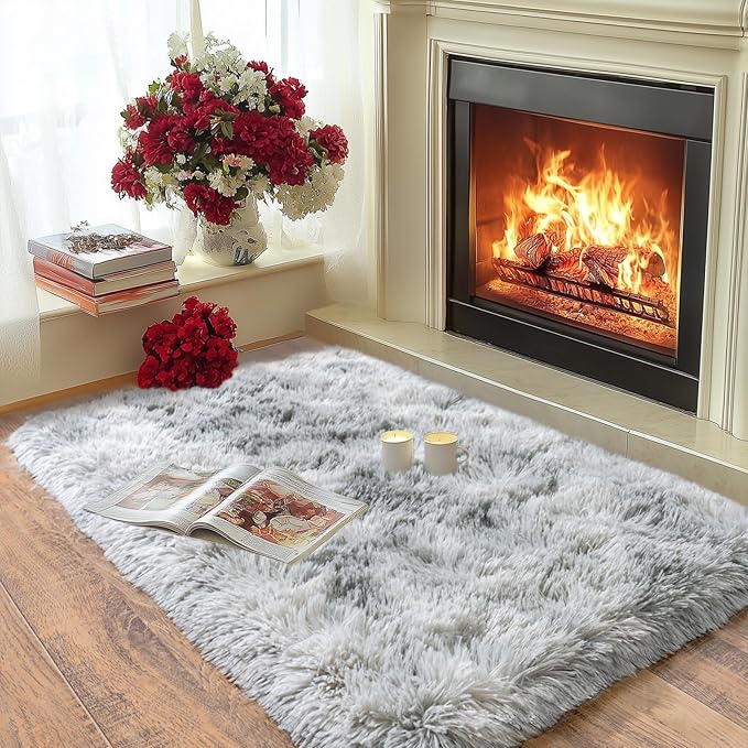Pionblank Fluffy Small Rug for Bedroom 2x3 Feet, Shag Soft Area Rug, Modern Plush Carpet, Furry Cute Bedside Rug for Kids Girls Boys Room Nursery Decor, Tie Dye Grey