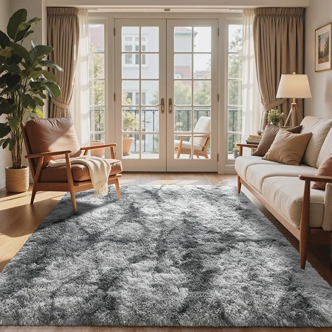 6x9 Ft Large Shag Rugs for Living Room Decor, Tie-Dyed Ultra Soft Fluffy Furry Area Rugs for Bedroom Indoor Floor, Aesthetic Carpet for Kids Home (Grey)