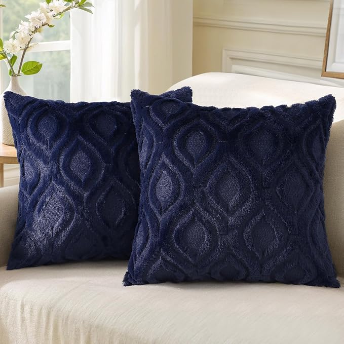 decorUhome Summer Throw Pillow Covers 18x18 Inch Set of 2, Soft Plush Faux Wool Navy Blue Solid Couch Pillow Covers, Accent Farmhouse Neutral Square Pillow Cases for Sofa Bed Living Room