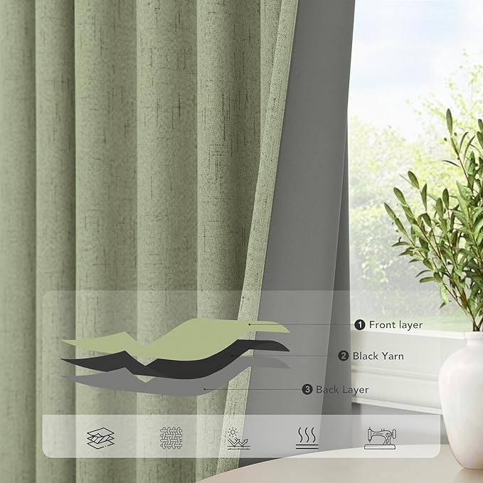 Sage Green Room Darkening Curtains for Bedroom 108 Inch Extra Long 2 Panels Black Out Dark Academia Decor Linen Textured Blocking Light Sage Blackout Curtains for Large Window Ceiling to Floor Length