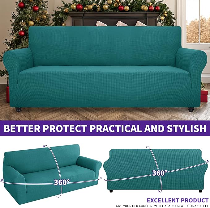 ZNSAYOTX Super Stretch Couch Cover (72"-92") Universal Sofa Covers with Elastic Bottom, Dog Cat Pets Friendly Washable Furniture Protector Fitted Sofa Slipcovers Stay in Place (Peacock Teal, Sofa)