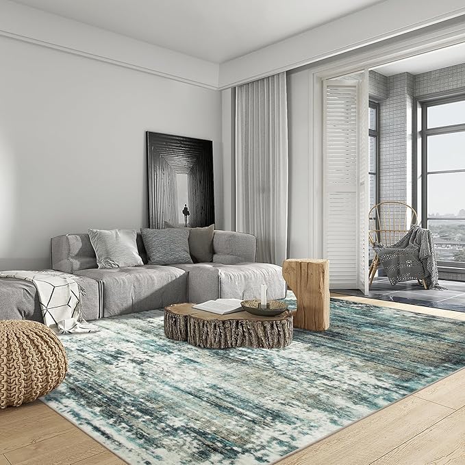 6x9 Area Rugs Washable Rug: Large Modern Abstract Living Room Rug Soft Anti-Skid Thin Carpet Indoor Floor Non-Shedding Carpets for Bedroom Dining Room Farmhouse Nursery Home Office Green Multi