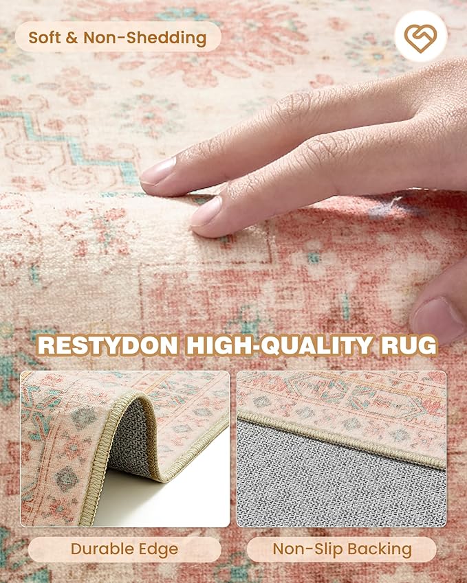 Runner Rug 2x8 Runners for Hallways Non Slip Washable, Vintage Hallway Runner Rugs for Living Room, Low Pile Soft Hallway Rug for Kitchen Bedroom Laundry Room Rug(Pink,2'x8')