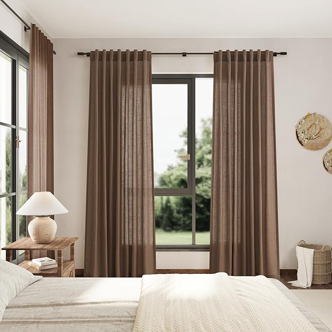 Caramel Brown Linen Curtains 84 Inches Long for Bedroom Back Tab Light Filtering Privacy Semi Sheer Drapes Modern Farmhouse Decor Cotton Textured for Living Room Curtain 2 Panels Set 52x84 Inch