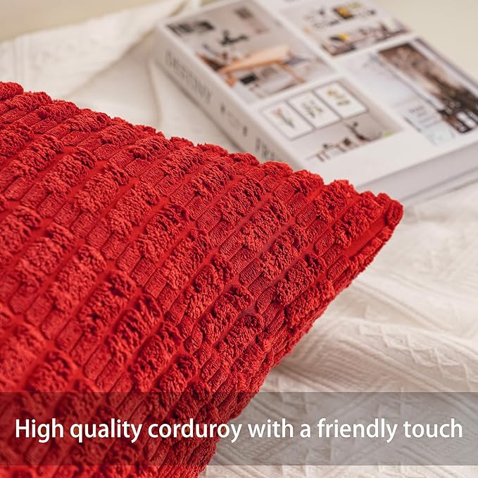 Pack of 2 Christmas Red Corduroy Decorative Throw Pillow Covers 24x24 Inch Soft Striped Pillow Covers Modern Farmhouse Home Decor for Sofa Living Room Couch Bed（Red）