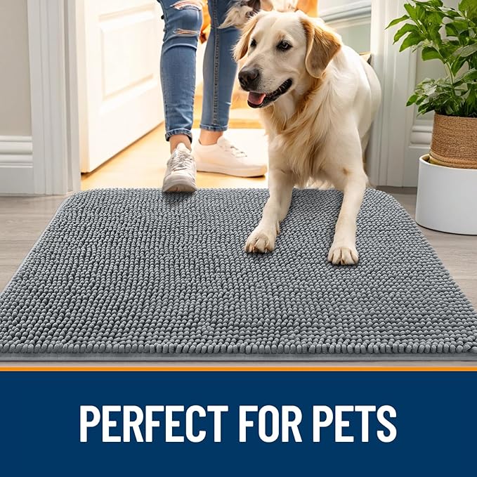OLANLY Dog Door Mat for Muddy Paws 70x24, Absorbs Moisture and Dirt, Absorbent Non-Slip Washable Doormat, Quick Dry Chenille Mud Mat for Dogs, Entry Indoor Entryway Carpet for Inside Floor, Grey
