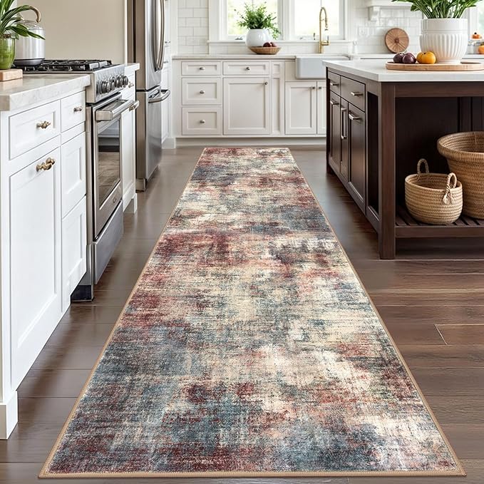 IOHOUZE Abstract Runner Rug 3x12 Ft Washable Runners for Hallways, Non Slip Kitchen Runner Printed Faux Wool Entryway Runner Indoor, Modern Abstract Floor Carpet for Hall Kitchen, Red/Multi