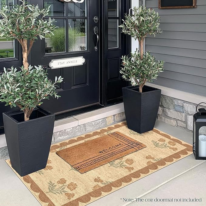 Front Door Mat Indoor Entrance - 2x4.3 Ft Tan Floral Washable Layered Doormat Outdoor Entrance Porch Rug Non-Slip Neutral Country Jute-Look Runner Rug for Kitchen Mud Laundry Room Porch Decor