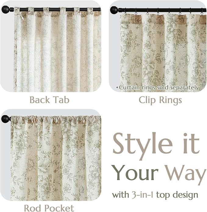 jinchan Linen Floral Curtains 96 Inch Length for Living Room Bedroom Light Filtering Farmhouse Peony Flower Drapes Rustic Window Curtain Set Rod Pocket Back Tab 2 Panels Green