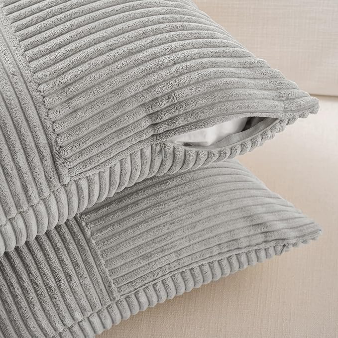 Fancy Homi 2 Packs Grey Lumbar Decorative Throw Pillow Covers 16x28 Inch for Living Room Couch Bed Sofa, Rustic Farmhouse Boho Home Decor, Soft Striped Corduroy Rectangle Accent Cushion Case 40x70 cm