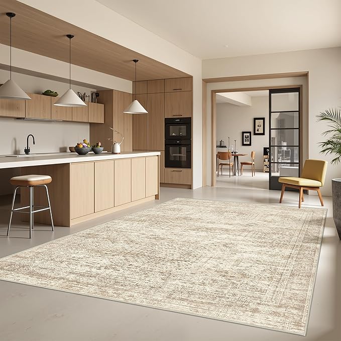 5x7 Area Rugs, Ultra-Thin Washable Rugs for Living Room, Anti-Slip Backing Area Rug for Bedroom, Soft Abstract Vintage Home Decor Rug for Dining Room(5'x7', Beige/Ivory)