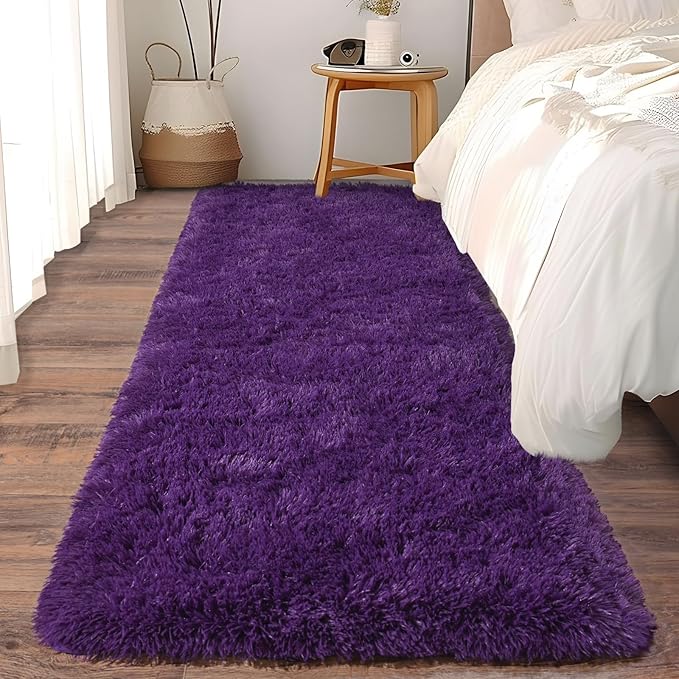 Soft Runner Rugs for Bedroom Hallways, 2x6 Purple Fluffy Shag Throw Area Rug Non Slip for Bedside Dorm, Long Shaggy Furry Carpet for Nursery Living Room