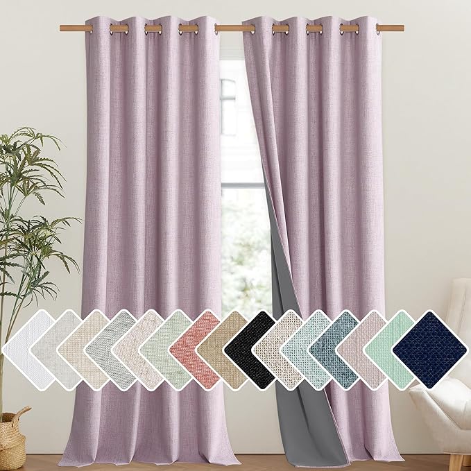 NICETOWN Pink Vintage Linen 100% Blackout Curtains for Living Room, Thermal Insulated Curtains 95" Long, Noise Reducing Window Treatment Drapes for Bedroom, 52" Wide Per Panel, Set of 2
