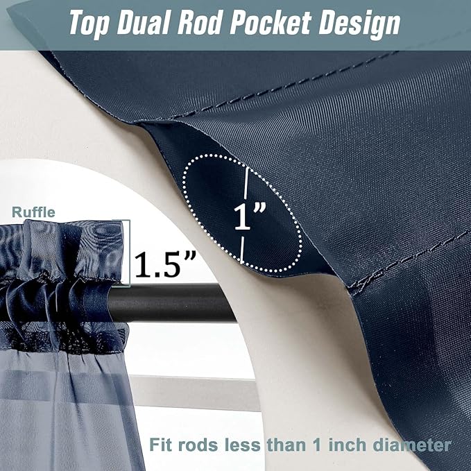 Navy Blue Sheer Curtains 63 Inch Length 2 Panels, Voile Sheer Curtain for Living Room, Breathable Light Filtering Modern Window Treatments, Soft Fabric Dual Rod Pocket Drapes, 2x42Wx63L Inches