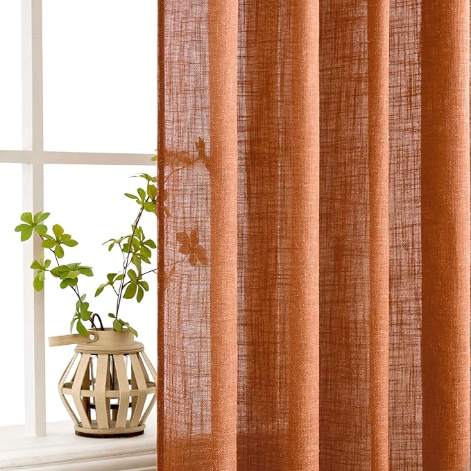 MIULEE Orange Curtains 84 Inch Length 2 Panels for Bedroom Living Room, Soft Thick Linen Textured Window Drapes Semi Sheer Light Filtering Back Tab Rod Pocket Burlap Look Fall Boho Decor