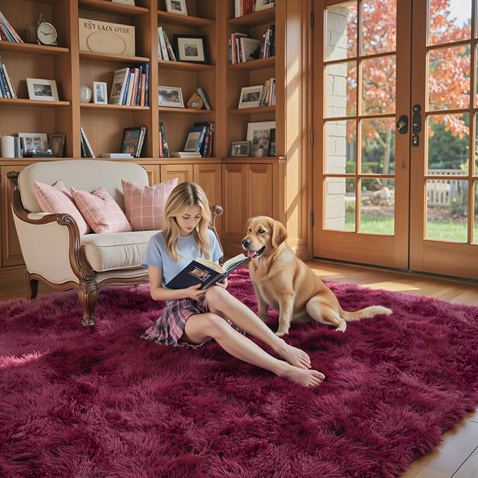 Area Rugs 9x12 Living Room, Shaggy Carpet Soft Plush Furry Bedside Rug Large Area Rugs for Bedroom Kids Girls Boys Home Decor Anti Slip(9 x 12, Burgundy)