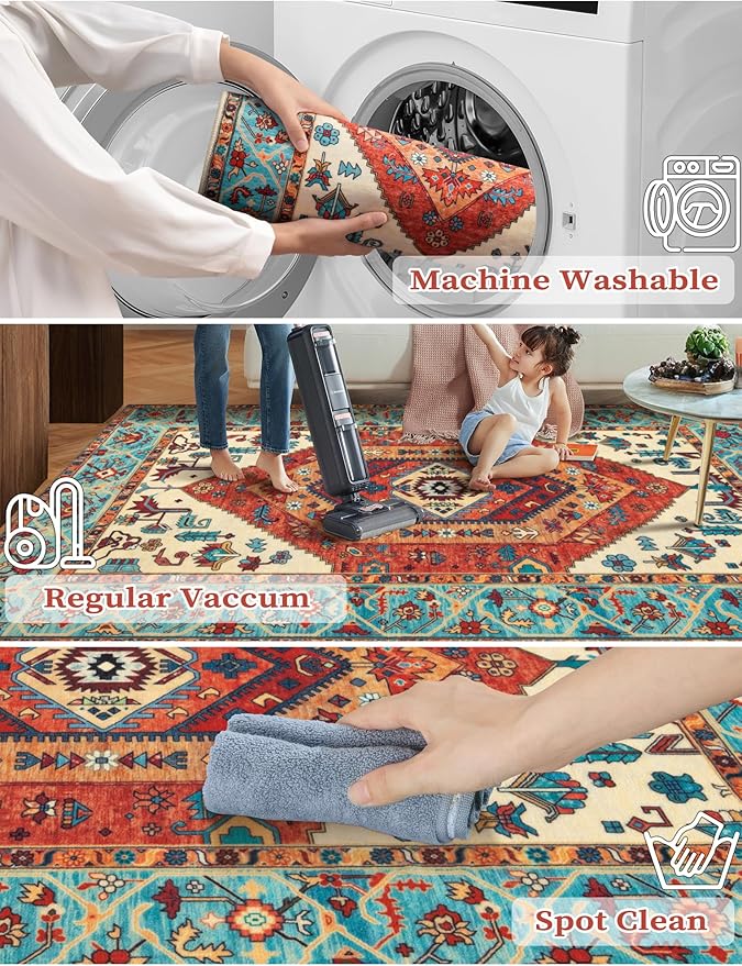 SERISSA Boho Kitchen Runner Rug, 3x7 Washable Non-Slip Runner Rug for Hallways Kitchen Rug, Ultra Soft Vintage Orange Print Distressed Tribal Floor Carpet Runner for Bedroom Entryway Laundry Room