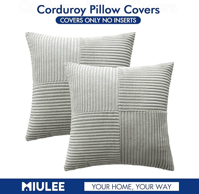 MIULEE Silver Grey Decorative Euro Sham Pillow Covers 24x24 Inch for Bed Couch Sofa Pack of 2 Boho Farmhouse Throw Pillows Soft Cross Corduroy Patchwork Textured Cushion Cases