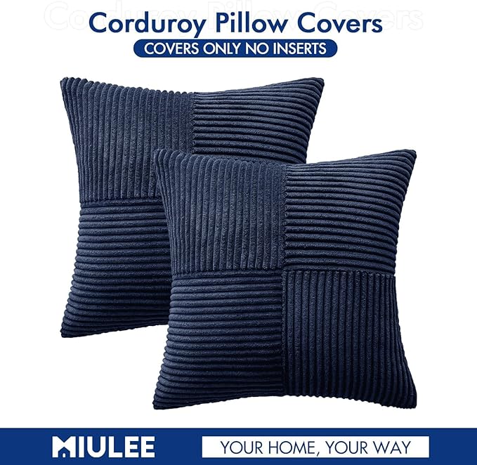 MIULEE Navy Blue Decorative Throw Pillow Covers 18x18 Inch for Couch Bed Sofa Pack of 2 Boho Farmhouse Throw Pillows Soft Cross Corduroy Patchwork Textured Cushion Cases