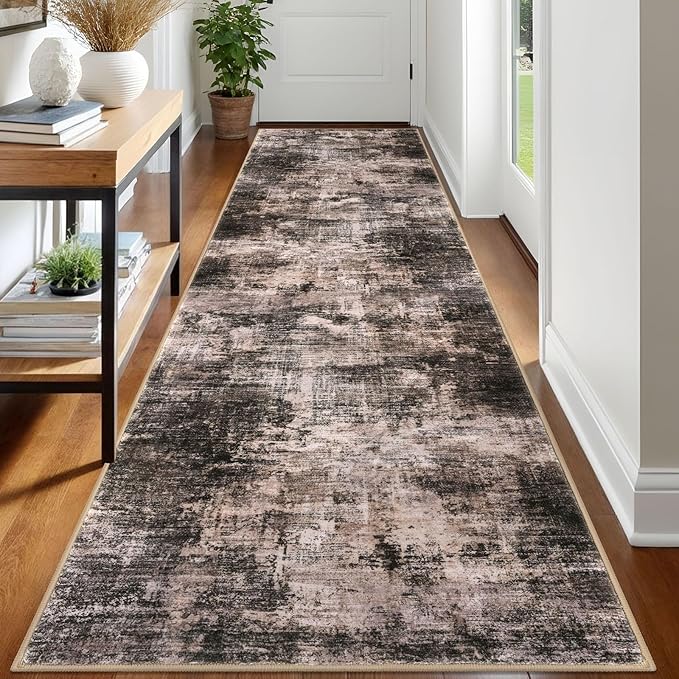 IOHOUZE Abstract Runner Rug 3x12 Ft Washable Runners for Hallways, Non Slip Kitchen Runner Printed Faux Wool Entryway Runner Indoor, Modern Abstract Floor Carpet for Hall Kitchen, Brown/Rust