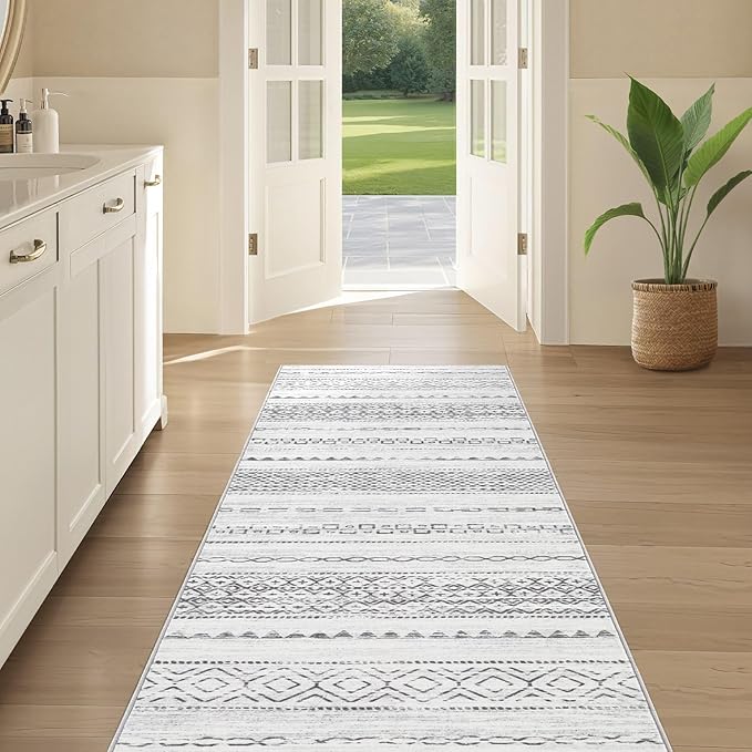 Nakagishi Runner Rug Kitchen Washable Rugs: 3x8 Non-Slip Boho Soft Modern Stain Resistant Indoor Floor Neutral Farmhouse Throw Carpet for Hallway Bathroom Laundry Room Entryway Bedroom- Grey