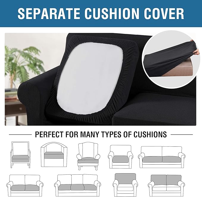 H.VERSAILTEX 4 Piece Stretch Sofa Covers for 3 Cushion Couch Covers for Living Room Furniture Slipcovers (Base Cover Plus 3 Seat Cushion Covers) Upgraded Thicker Jacquard Fabric (XL Sofa, Black)