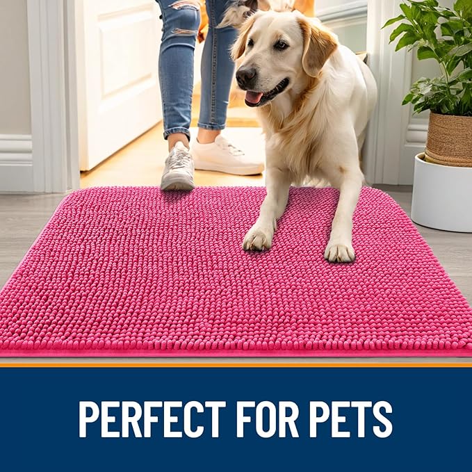 OLANLY Dog Door Mat for Muddy Paws 59x24, Absorbs Moisture and Dirt, Absorbent Non-Slip Washable Doormat, Quick Dry Chenille Mud Mat for Dogs, Entry Indoor Entryway Carpet for Inside Floor, Hot Pink