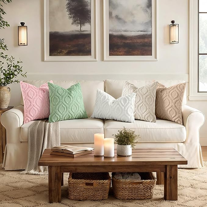 decorUhome Throw Pillow Covers 16x16 Inch Set of 2, Soft Plush Faux Wool Pink Solid Couch Pillow Covers, Accent Farmhouse Neutral Square Pillow Cases for Sofa Bed Living Room