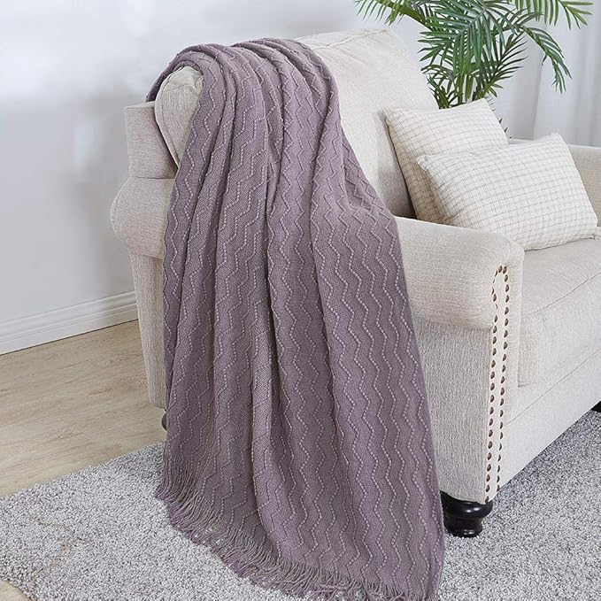 BOURINA Dark Lavender Throw Blanket 50 x90 Inches Textured Solid Soft Sofa Throw Bed Runner Knitted Decorative Blanket