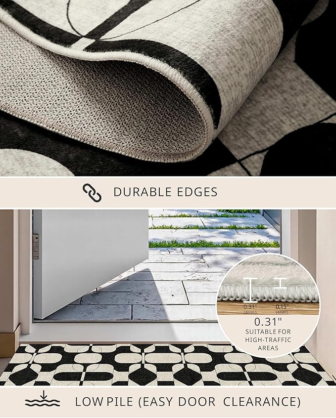 Latte&Fog 5x7 Area Rugs for Living Room Bedroom, Black Vintage Washable Rug, Boho Non Slip Low Pile Carpet for Dining Room, Dorm, Classroom, College Dorm, Farmhouse and Home Office - Black Beige