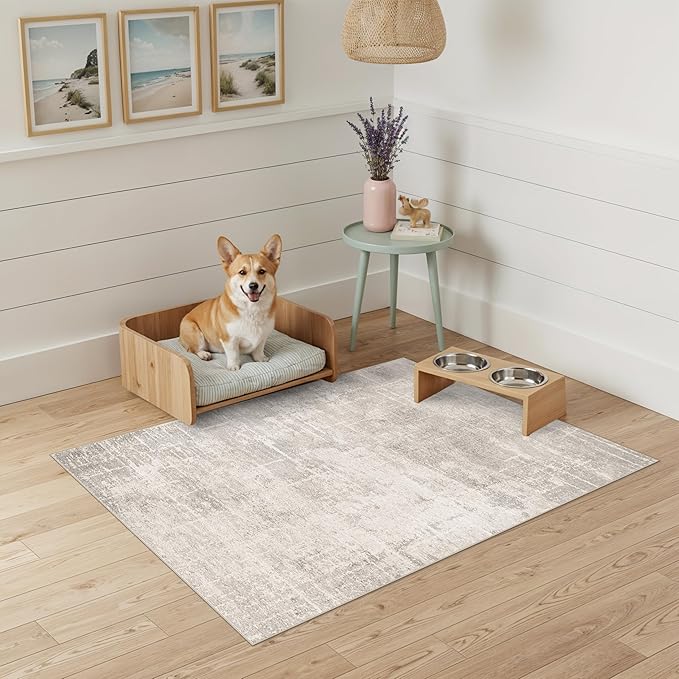 HAOYUNLAI 2x3 Entryway Area Rug: Washable Kitchen Bedroom Carpet Soft Abstract Laundry Bathroom Rugs with Non-Slip Backing Easy-Clean Distressed Home Decor Floor Mat for Pets Family (2x3,Beige/Cream)