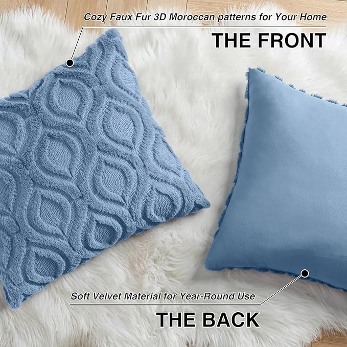 decorUhome Throw Pillow Covers 16x16 Inch Set of 2, Soft Plush Faux Wool Bluen Solid Couch Pillow Covers, Accent Farmhouse Neutral Square Pillow Cases for Sofa Bed Living Room