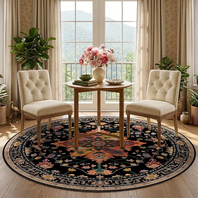 RELEANY Area Rugs 5ft Washable Non-Slip, Floral Vintage Distress Print Pattern Medallion Carpet for Living Room Bedroom Dining Room, Black Colorful Floral Dark Tan