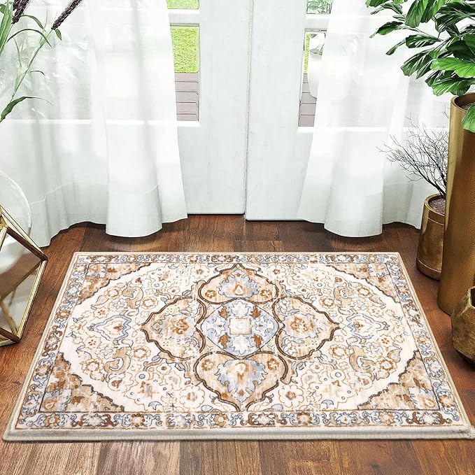 HEBE Washable Area Rug 2'x3' Non Slip Soft Distressed Medallion Bedroom & Living Room Accent Throw Vintage Entry Floor Carpet for Dining Room & Bathroom Entryway
