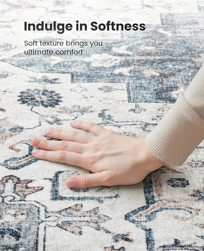 AMADA HOMEFURNISHING Round 4ft Area Rugs, Low-Profile Washable Rug with Non-Slip Backing & Durable Edge Binding, Vintage Rugs for Living Room, Bedroom, Dinning Room