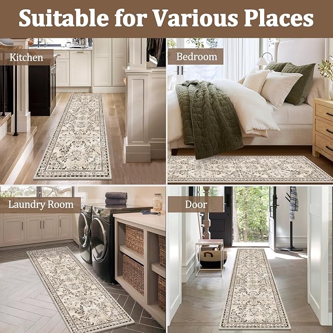 Yamaziot Washable Runner Rug 2x6 – Non Slip Boho Floral Hallway Runner Rug with Rubber Backing, Low Pile Faux Wool Distressed Carpet for Kitchen, Laundry, Bedroom, Entrance, Brown