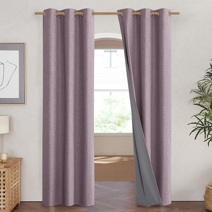 NICETOWN Chaise Mauve Vintage Linen 100% Blackout Curtains for Living Room, Thermal Insulated Curtains 84" Long, Noise Reducing Window Treatment Drapes for Hall Room, 42" Wide Per Panel, Set of 2