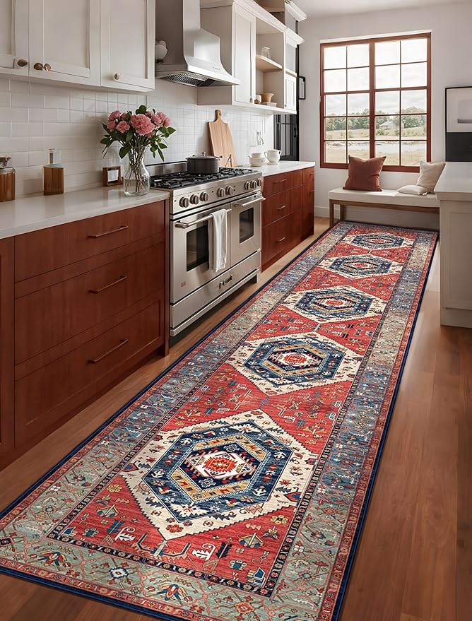 SERISSA Runner Rug for Hallways, 3x14 Washable Non Slip Kitchen Runner Rug, Extra Long Boho Rug Ultra Soft Vintage Rust Print Floor Carpet for Bedroom Hallway Entryway Bathroom Laundry Room