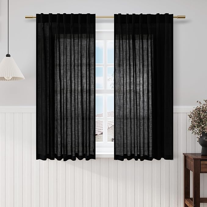 Nanspring Black Linen Sheer Curtains 54 Inch Length 2 Panel Set Back Tab Pocket Semi Sheer Light Filtering Short Curtain Soft Elegant Aesthetic Small Window Drapes for Bathroom 52x54 inches Long