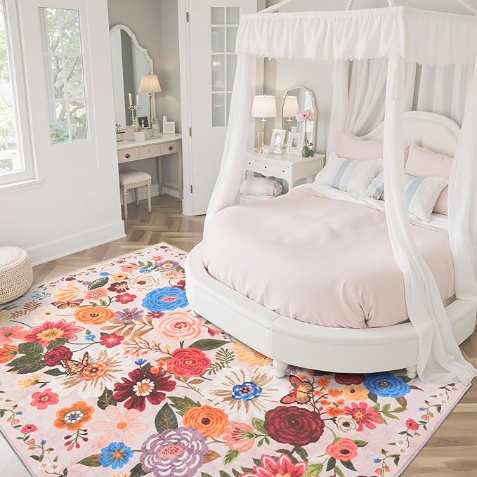 Pink/Beige Washable Area Rug 8x10, Large Soft Rugs for Living Room Floral Carpet 8x10 Area Rugs for Bedroom Dining Room Non-Slip Stain Resistant Under Table Rug(8 x 10, Beige/Pink Garden)