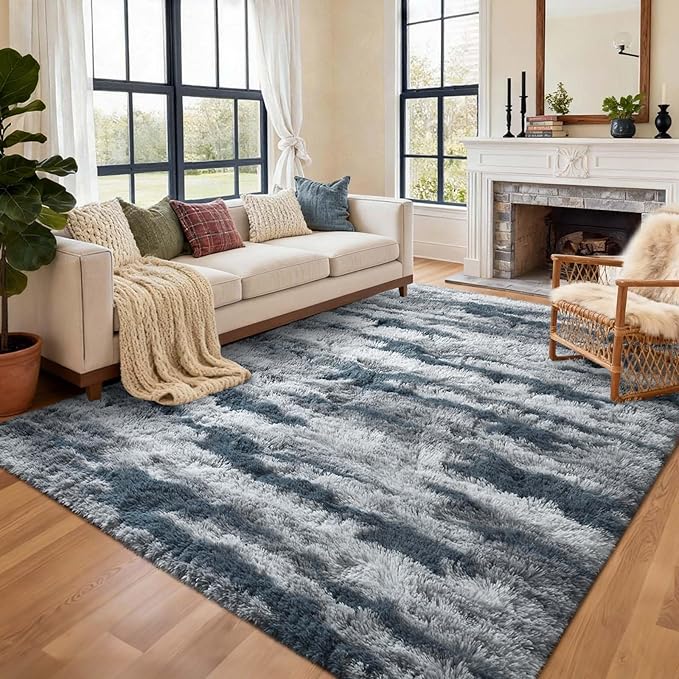 8x10 Ft Extra Large Shag Rugs for Living Room, Tie Dyed Ultra Soft Fluffy Furry Area Rugs for Bedroom Indoor Floor, Aesthetic Carpet for Kids Home Decor (Blue)