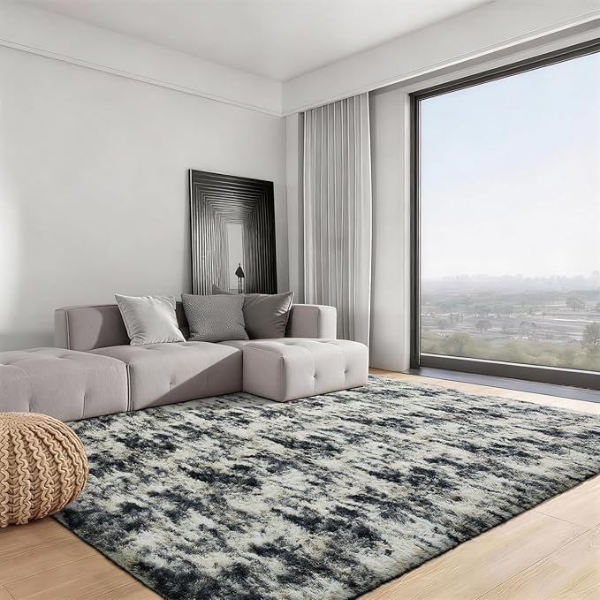 Ophanie Black Gold and Grey Area Rugs for Living Room 9x12, Fluffy Shag Large Fuzzy Plush Soft Carpets, Floor Shaggy Rugs for Bedroom, Carpet for Kids Boys Girls Dorm Nursery Home Decor Aesthetic