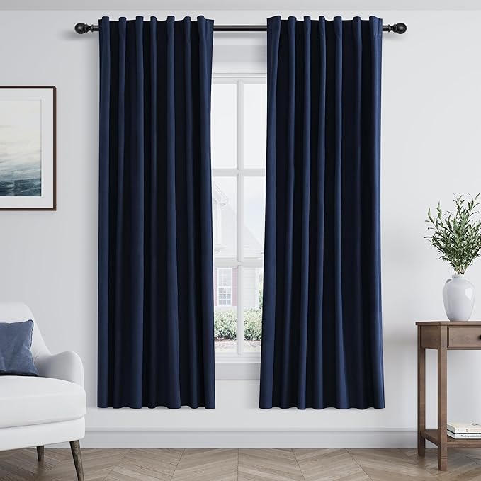 Guken Navy Blue 100% Blackout Curtains 72 Inch Length 2 Panels Set for Living Room Bedroom Back Tab Thermal Insulated Black Out Linen Drapes Room Darkening Window Curtains 72 Inches Long
