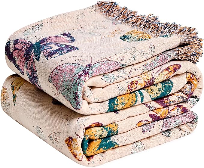 MSGKV Boho Throw Blanket for Couch Cotton Butterfly Blanket 50"x60" Sofa Chair Blankets All Seasons Muslin Spring Breathable Lightweight Farmhouse Blankets Home Decor