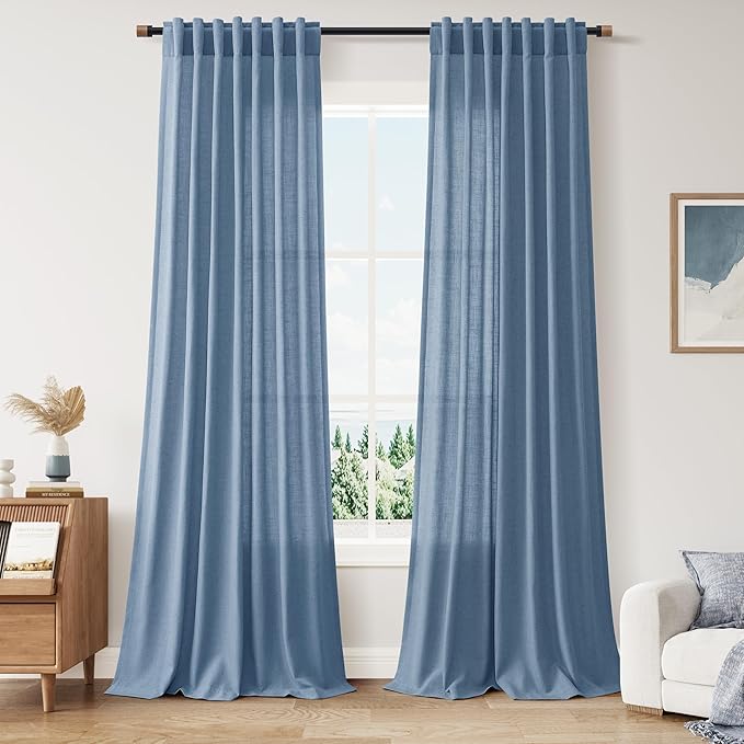 Nanspring Stone Blue Linen Curtains 96 Inches Long for Bedroom Back Tab Modern Simplicity Farmhouse Coastal Decor Light Filtering Curtain for Living Room Dinning Room 52x96 8 FT,2 Panels